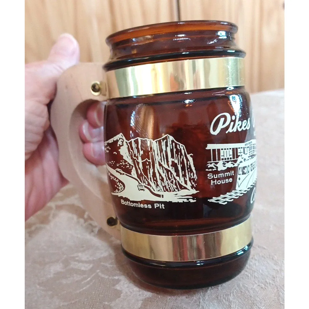 VTG Pikes Peak Colorado Brown Barrel Mug Wood Handle 13 oz Siesta Ware